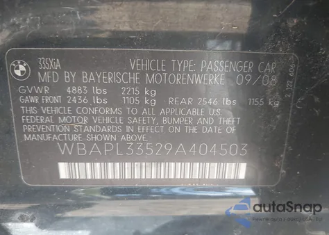 2009 BMW 335I xDrive z USA, uszkodzony, nr VIN WBAPL33529A404503